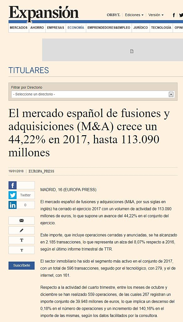 El mercado espaol de fusiones y adquisiciones (M&A) crece un 44,22% en 2017, hasta 113.090 millones